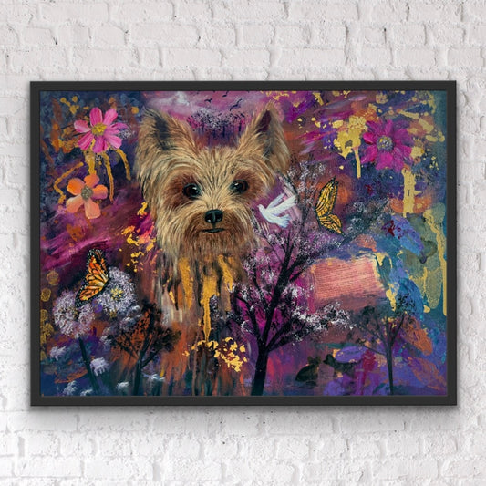 “Yorkie in Bloom” – Original Mixed Media Painting